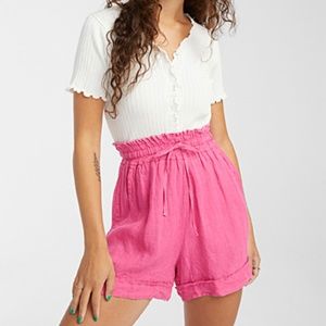 Retro pink high waist pure linen gathered shorts bermudas NWT